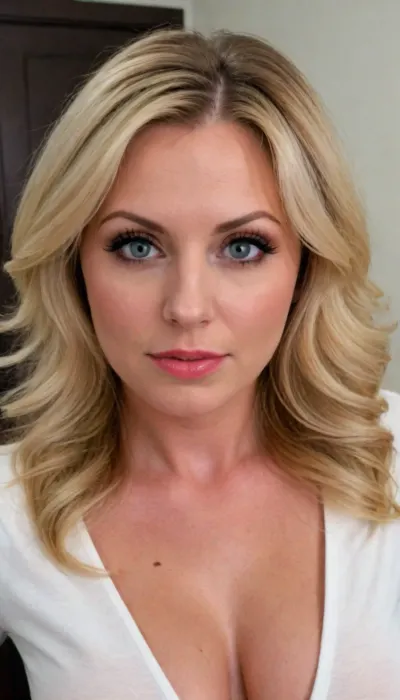 female milf secretary, busty milf 40 y.o., boss office cabinet background, secretary office outfit, (beautiful playful model:1.1), (long blond hair), (elegant hairstyle), beautiful eyes, look at me, sexy lips, playful smile, big areolas, busty deeper cleavage, (secretary office outfit fully clothed:1.1), enhanced cleavage, playful alluring yet dangerous, close up viev, dark sapphic glamour, look attt my eyes, dramatic lighting., sagging, tpsp, selfie, <lora:sagging-000015:1.1>, <lora:Torpedo_Tits_Anime-GMR-000007:1.1>, <lora:Sink_Butt_Pose:1.6>, <lora:SDXLHighDetail_v6-000005:1.4>