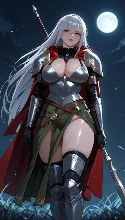(best quality), solo, Valkyrie charactor of Japanese anime, beautiful extacy face with sensual mouth, volumy hair, (very long straight white hair that reached her hips:1.02), (her hair with very long red ribbon), (her hair with very large wide ribbon than her head size:1.08), blue eyes, her boobs of E-cups, .

Valkyrie wears a fur-trimmed cloak over her shoulders, (Valkyrie female silver armor with runes ornaments), (armor skirt), (no helmet), (no headdress), She is holding a spear in her hands, .

Standing in a field at night, moonlight, full moonStanding in a field at night, full moon, .

unaestheticXL_cbp62, leel-outfit, 2bnier-outfit, ezio-outfit, lucy-outfit, morrigan-outfit, malenia-outfit, radahn-outfit, ranni-outfit, rwolf-outfit, sac2045-outfit, annah-outfit, neo-outfit, daedric-outfit, dbroth-outfit, wlk-outfit, wjaina-outfit, <lora:ClearKing_XL_v1_AutoRunMech:.8>, <lora:armorify:.8>