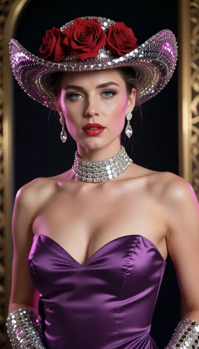 Focus, Pristine elegance, poise, and psychological desire. masterpiece best quality, 30yo adult female heart-shaped face with narrow chin red gloss lips slightly parted in anticipation grey-blue eyes focused with longing high arched groomed brows, standing poised with a slight lean forward chest subtly heaving, purple satin dress with metallic sequins high crystal collar wide-brimmed sequined hat with three red roses silver sequined gloves diamond teardrop earrings, dark luxury studio background gold architectural elements soft dramatic lighting highlighting cool pink undertones and matte skin texture, frontal cowboy view preserving face-to-pelvis alignment and silhouette, 8k resolution Kodak 35mm film grainy realistic skin texture
