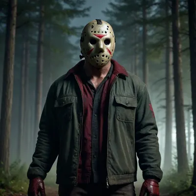 Jason Voorhees from Friday the 13th, wearing his iconic weathered hockey mask with red triangle markings, tattered dark green jacket, imposing muscular build, standing in the dark misty woods of Crystal Lake at night. Moonlight casting dramatic shadows, cinematic lighting, hyper-detailed, eerie atmosphere, horror movie aesthetic, photorealistic, 8k resolution.