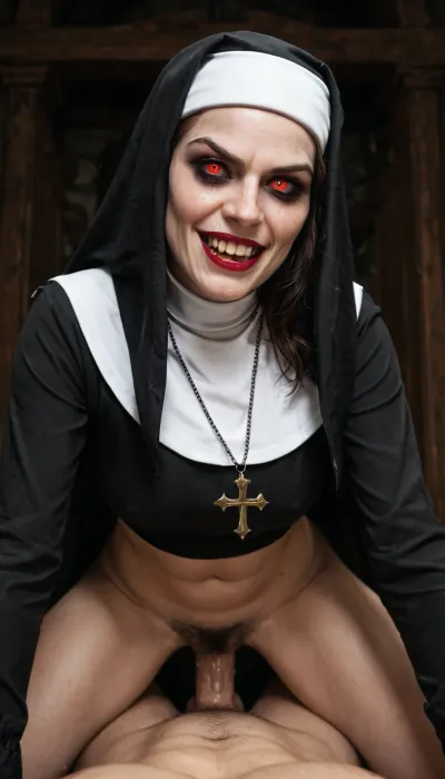 nun demon Valak old face, from the horror movie The Conjuring, a scary demonic face with sharp teeth and demonic eyes, (with a very hairy vagina), a dark room, fucking she a young 20 year old guy, vaginal, doggy style position, (an exact copy of the demon Valak from the horror movie The Conjuring), nun angry face, guy very fear