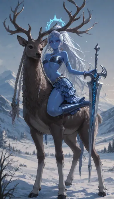 1girl, solo, 30yo, (((Shiva, Nami))), (broadsword), halo, voluminous extremely long dreadlocks ponytail, slim body, perfect eyes, deep gaze, freckles, bandeau bra, flat chest, long ruffled skirt, very high heels, knee high boots, ((riding a giant deer)), (snowy mountains), full body view, ac_neg1