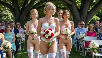 (side view), A bride and her four bridesmaids walk down the center aisle one after another. The women walk in a single file, one behind the other. the bride at the front, with every single bridesmaid behind her.
At an outdoor wedding ceremony, guests in festive attire are seated on chairs arranged in two blocks, creating an open central aisle., (The beautiful, slender, naked bride wears her blonde hair in an elaborate, professional updo, she is wearing white nylon stockings, an intricately embroidered white open-bust corset, and a silver necklace with a small silver heart-shaped pendant. The bride's vagina is perfectly shaved, not a single hair or bit of stubble is visible. Her breasts are small but firm. The bride looks happy, it is evident that this is the most beautiful day of her life. The bride holds a bridal bouquet in front of her body with both hands, the bouquet consists of red and white roses.), (The bridesmaids also have their hair in updos, both are wearing pastel pink nylon stockings and pastel pink open-bust corsets. The bridesmaids' vaginas are also perfectly shaved. They are happy and delighted for the bride. The bridesmaids also each hold a small bouquet in front of their bodies with both hands, the bridal bouquet consists of white and pastel pink flowers.), A sunny summer day in the garden, in the background, several large, old trees providing shade are visible. However, the three women are in full sunlight.