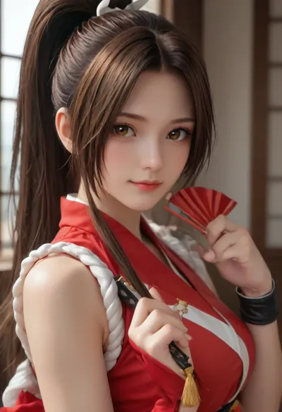 Portrait of Mai Shiranui from King of Fighters, wearing a revealing red-and-white kunoichi outfit, (pale skin), (brown hair:1.5), (very long high ponytail), red ribbon, side locks framing her face, large round eyes, brown eyes, holding a red fan in her hand, (shy smile), cute, small nose, athletic body, looking at viewer, half body view, view from side