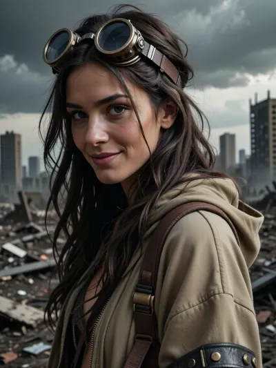 closeup of postapocaliptic superb woman, in modern oversized clothes in khaki and earth tones, long loose messy hair, steampunk mechanic glasses on head, sly smile, desolated city landscape behind her, dramatic sky, dramatic overcast light, cinematographic light, high quality