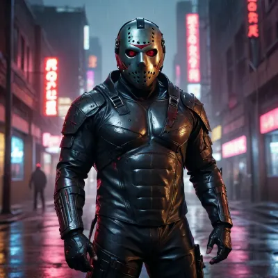 A dark cyberpunk version of Jason Voorhees, wearing a glossy metallic hockey mask with glowing red neon eyes, shredded futuristic tactical gear exposing a muscular and scarred cybernetic chest. Standing in a rainy cyberpunk alley with neon reflections, dark synthwave aesthetic, sensual yet intimidating posture, high contrast, unreal engine 5 render, hyper-detailed.