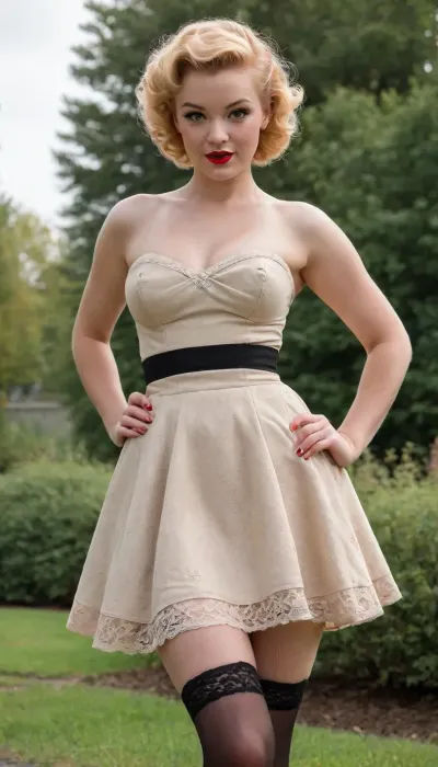 (((1950 pinup style))), painted style, outdoors, swinger dress, 1950s dress, 1950’s dress, pantyless, painted, watercolour, (ginger, blonde hair), black stockings and garter, Caucasian woman, lace panties, curly messy Bob cut