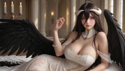 Albedo, (Overlord), 18+, Round Breasts, Big Butt, Black Hair, Bangs, Long Hair, Contour Lighting, Large Black Wings Growing from Waist, Beautiful Face, Hot, curvy, blushing brunette, vulgar appearance, full lips, wearing a tight white lace dress with sleeves, lace black stockings with a floral print, standing on a pedestal, huge breasts, visible nipples, huge round butt, big butt, large hips, massive hips, gray background, visible beam of light, warm light, in a brightly lit space, backlit, giant round fake breasts, thick hips, (Perfect Giant Breasts:1.3)