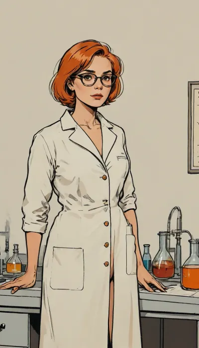 (A detailed drawing with clean lines and meticulous shading, flat colors, line art, no gradients), USSR poster, USSR postcard, USSR epoch, soviet poster art, 30yo scientist, full nude, ultra skinny, orange bobcut, (square metal-framed glasses:1.2), white open lab coat on naked, in chemistry laboratory, <lora:outline_xl_kohaku_delta_spv5x:2>, <lora:lineartSDXL:.5>, <lora:sketch_it:2>