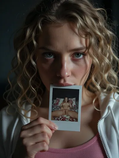 A close-up, high-quality of a young woman with curly blonde hair, looking directly into the camera with an intense and slightly melancholic expression. Her light-colored eyes are fixed on the viewer. She is holding a small, square nude autoportrait instant polaroid photograph, (shows her lying on a patterned bedspread, hands positioned on her pubic area), between her lips. The lighting is moody and dramatic, with a focus on her face, creating a soft glow around her features while the background fades into deep shadow. She is wearing a pink top under a white zip-up hoodie. The style is reminiscent of stylized digital character art, capturing a cinematic and intimate moment with realistic textures on skin and hair, amateur aesthetic, high detail, sharp focus, atmospheric lighting.