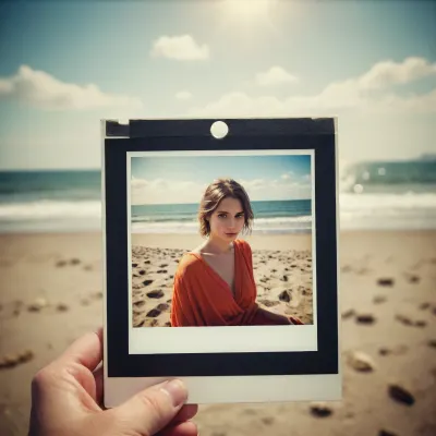 the image is a classical vintage polaroid photo.

Subject of the photo, On a crowded beach, family photo. A woman.