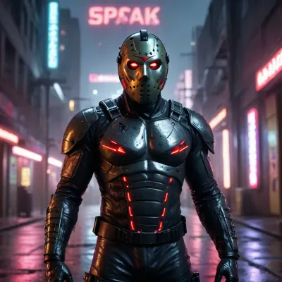A dark cyberpunk version of Jason Voorhees, wearing a glossy metallic hockey mask with glowing red neon eyes, shredded futuristic tactical gear exposing a muscular and scarred cybernetic chest. Standing in a rainy cyberpunk alley with neon reflections, dark synthwave aesthetic, sensual yet intimidating posture, high contrast, unreal engine 5 render, hyper-detailed.