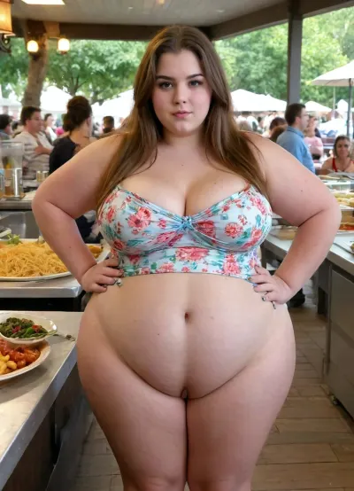 Natural lighting. Wide shot. Full bosy. Exquisitely pretty very wide heavy thick obese 20 year old girl, extremely severely obese uussbbw. She has piled on the weight this sophomore year. Morbidly obese fully floral clothed in spaghetti strap long sundress, stretched tight over her huge fat arse. The light and shade play on it. Enormous, (oversized), rotund soft ultra hyper, (inflated), extremely fat arse. Wide set hips. Disproportinately Gigantic ass. Wide heavy fatty ass. Extreme bottom heavy chunky ultra fat pear shape. Her massive arse distracts slightly from her flabby, distended waist. very sexy. Long nice hair. Standing at outdoor buffet counter getting food. viewed_from_behind, swayed hip stance. She looks over her shoulder at you, seemingly apologising for her gluttony after her fifth visit to the buffet.