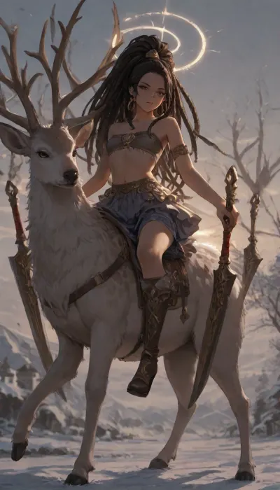 1girl, solo, (((Shiva))), (double blade), halo, voluminous extremely long dreadlocks ponytail, slim body, perfect eyes, submissive look, freckles, bandeau bra, flat chest, long ruffled skirt, very high heels, knee high boots, ((riding a giant deer)), (snowy town), full body view, ac_neg1, <lora:HannahXL:2>
