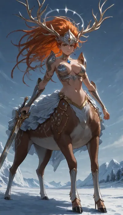 1girl, solo, 30yo, (((Shiva, Inoue Orihime))), (broadsword), halo, voluminous extremely long dreadlocks ponytail, slim body, perfect eyes, deep gaze, freckles, medium breasts, exposed breasts, long ruffled skirt, very high heels, knee high boots, ((riding a giant deer)), (snowy mountains), full body view, ac_neg1