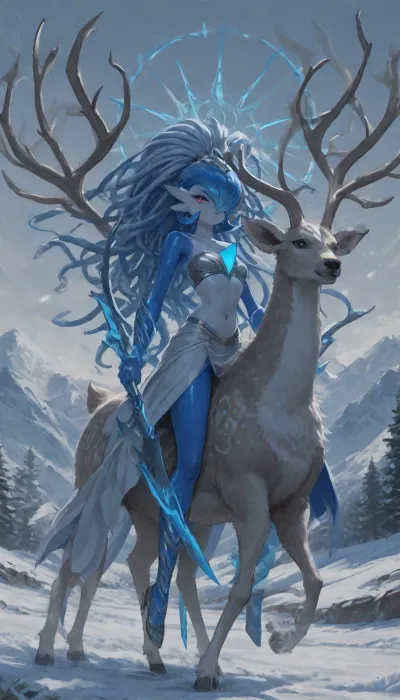 1girl, solo, 30yo, (((Shiva, Gardevoir))), (double sword), halo, voluminous extremely long dreadlocks ponytail, slim body, perfect eyes, deep gaze, freckles, bandeau bra, flat chest, long ruffled skirt, very high heels, knee high boots, ((riding a giant deer)), (snowy mountains), full body view, ac_neg1