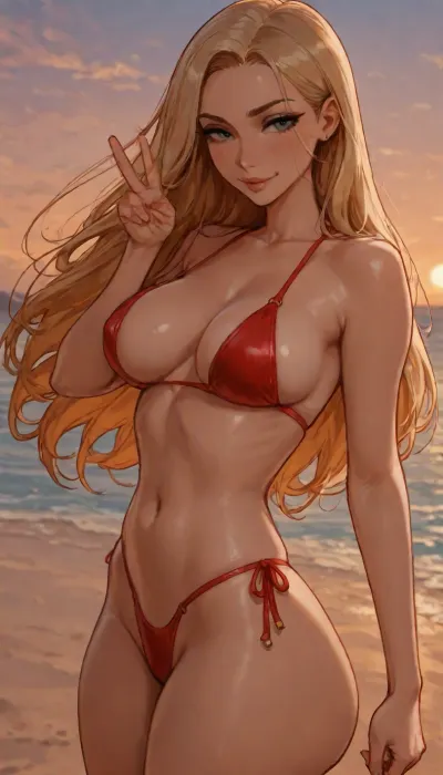 Score_9, score_8_up, score_7_up, ((aroma sensei art style:1), (kittew art style:1.8)), solo, masterpiece, (1woman), At beach, sea at background, ((front view:1)), Smirking american blonde, (peace with one hand, barely showing ass:1), straight long hair, mid parted hair, bright day, red bikini lineart, line, art, flat, colors, color, <lora:outline_xl_kohaku_delta_spv5x:1.2>, <lora:EnvyBeautyXL02:.4>, <lora:lineartSDXL:.9>