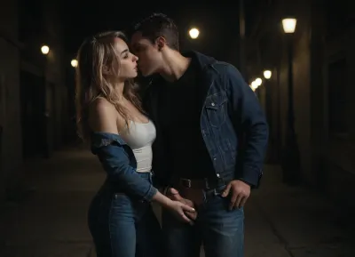 couple, 25 years, male and female, sexy, both wearing denim jacket blue intense with very long sleeves and long tight jeans with belt, kiss and handjob, female tits visible, male penis visible, female very long blonde silky hair with long extensions, male short redhair, women grab male penis and masturbate, night-time, dark, streetlights, nightime, moonlight, <lora:looking_at_viewer:.8>, <lora:dark:.8>