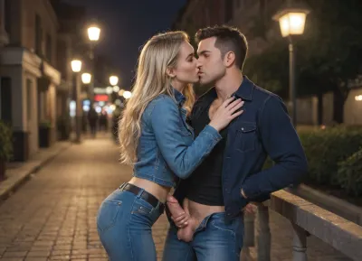 couple, 25 years, male and female, sexy, both wearing denim jacket blue intense with very long sleeves and long tight jeans with belt, kiss and handjob, female tits visible, male penis visible, female very long blonde silky hair with long extensions, male short redhair, women grab male penis and masturbate, night-time, dark, streetlights, nightime, moonlight