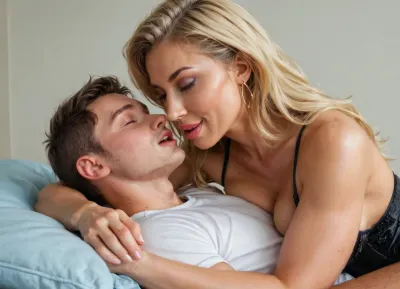 ((beautifull mature woman sitting on boy and riding him)), ((the petite boy is laying under her)), (long blonde straight hair), she has a perfect face, bimbo, incredibly beautiful face, straight 10, clothed, view from the side, ultrarealistic, ultimate realism, lots of skin details, highest level of detail, sharp focus, award winning photograph, dynamic pose, hdr, hd, vibrant colors, dramatic scene, in full view, slight close up, (hugging)