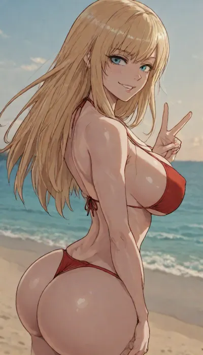 Score_9, score_8_up, score_7_up, ((40hara art style:1), (Yoracrab art style:1.8)), solo, masterpiece, (1woman), At beach, sea at background, ((front view:1)), Smirking american blonde, (peace with one hand, barely showing ass:1), straight long hair, mid parted hair, bright day, red bikini lineart, line, art, flat, colors, color, <lora:outline_xl_kohaku_delta_spv5x:1.2>, <lora:EnvyBeautyXL02:.4>, <lora:lineartSDXL:.9>
