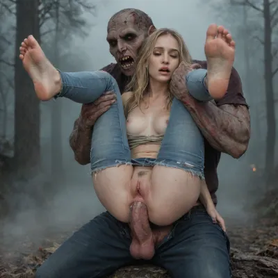 old forest by a castle, highest quality, (fog:1.8), night time, dynamic full body view, 1girl, very petite, blonde very long straight hair, White jeans, torn clothes, monster penis, penis on pussy, sweating, doggy style sex position, cumming, (full anal penetration:1.9), post-apocalyptic, world, decay, skin, zombie, zombies, cityscape, (((double_penetration))), fucked, hetero holding interspecies zombie mounting, (((ugly, terrifying, (zombie)), ((zombie)), male)), only 2 penis in scene, random sex position, pussy sex, (with spread legs:1.2), (zombie extremely full anal penetration), (group fucking:1.6), (eyes closed hard:1.8), full nelson, cum on feet, <lora:UZombies:2>