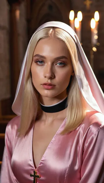 ((Angel woman in the charch)), 20 years old, perfect lighting, perfect skin, surreal, 8k resolution, super detailed, Instagram model, professional photography, egirl make-up, Sleek Straight blond nun’s hairstyle, pink satin, sexy hot exposed the nun's robe, Nordic, lifelike face, slim, slim body, athletic body, <lora:FF-Latex.ID-XL-011.bf16:.8>