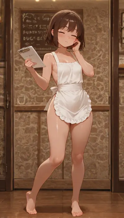Frisk from undertale, ((Frisk's face stoic expression)), (Friks's eyes), ((Frisk closed eyes)), Frisk is wearing white waitress apron on top of her, completely nude, 20 years old, beatiful body, (Frisk's bare feet), cozy cafe, She is standing, she is holding a small notepad in her hand, she is holding a pencil in her other hand, she is looking at viewer, masterpiece, very detailed image, 4k image