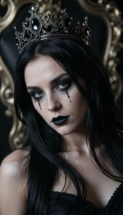 { "scene", { "type", "full body", "framing", "camera_angle", "eye level", "orientation", "vertical" }, "subject", { "gender_presentation", "androgynous", "hair", { "color", "black", "length", "long", "style", "straight" }, "expression", "serious, intense", "pose", "looking directly at the camera" }, "face", { "skin", "white face paint", "makeup", { "eyes", "black dramatic makeup extending downward like tears", "lips", "black lipstick", "gothic, theatrical" } }, "clothing", { "visible", "dark sexy clothing" }, "accessories", { "crown", "ornate royal crown", "color", "dark metallic", "details", "decorated with black gemstones and intricate metalwork" } }, "environment", { "location", "interior", "background", "blurred throne-like chair", "lighting", "low-key cinematic lighting", "depth_of_field", "shallow" }, "color_palette", ["black", "white", "dark gray", "silver"], { "genre", "dark fantasy", "mood", ["mysterious", "ominous", "regal", "gothic"], "visual_style", "cinematic" }
}
