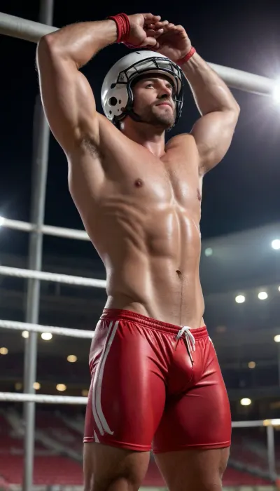 Natural geographic photo, Hyper-realistic detailed male anatomy fine body hair, sweat droplets on skin, 16k resolution, (masterpiece, award winning artwork), Wide range of colors, high Dynamic. cinematic still . emotional, harmonious, vignette, highly detailed, high budget, bokeh. Soft cinematic one shot focus dark shadows, silhouette of a 20yo muscular stuble ruggid large very Hairy chested Latin American man, wearing very tight sweat soked sheer red and white american football outfit, wet shorts fabric realisticly streching curving around his very large penis, the natural cresses around buldge wait hanging down with gravity, black realistic hair, smooth clean edges providing defined edges of his defined large male anaotomy muscular bodybuilder figure with enormous hairy pecs, and large biceps, he stands in a relaxed position leaning back against a supporting structure such as a football goal post of an empty sports stadium in the darkness that surrounds him, his beautiful silhouette is lightly high lighted by a white glowing bokeh glow . his football helmet is thrown on the ground. low Angle upwards "POV Vuiw focasing on crotch area Emphasizing his male pysique", .