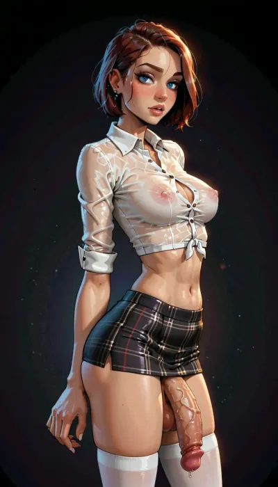 (reiq meets innv and Jack cayless art style), (Incase style:1.2), beautiful futanari, reddish brown hair, short bobbed hair, ((wide hips)), (athletic body:1.4), (skinny legs:1.1), symmetrical blue eyes, snub nose, plumb lips, parted lips, teeth visible, half-closed eyes, large perfect natural teardrop breasts, (erect nipples:.9), beautiful curves of the body, realistic detailed, deep insertion, intim light, (simple dark background:1.8), skin texture, 1girls, (((solo))), ((plaid dress:1.3)), ((massive flaccid cock:1.2)), precum, saggy testicles, pubic hair, (white skirt), (plain white thigh socks:1.4), ((tight white cropped button down shirt:1.4)), (underboob:.7), (side view), (front view), futuristic-fantasy-anime, incase, style, futacock, <lora:sd_xl_turbo_lora_v1-64dim:2>, <lora:futureistic_fantasy_anime_sdxl_v1:2>, <lora:Incase_Style__SDXL:2>, <lora:FutaCockXL:.8>