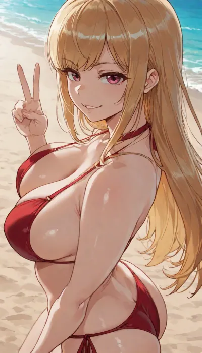 Score_9, score_8_up, score_7_up, ((40hara art style:1)), solo, masterpiece, (1woman), At beach, sea at background, ((front view:1)), Smirking american blonde, (peace with one hand, barely showing ass:1), straight long hair, mid parted hair, bright day, red bikini lineart, line, art, flat, colors, color, <lora:outline_xl_kohaku_delta_spv5x:1.2>, <lora:EnvyBeautyXL02:.4>, <lora:lineartSDXL:.9>