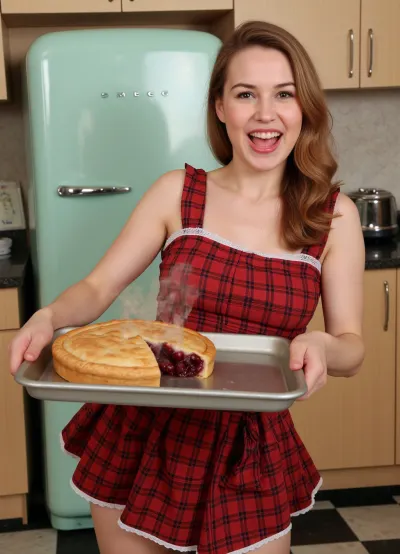A dynamic 1950s “pin-up” style photograph featuring a red-haired housewife with an enthusiastic smile. She is wearing a vintage red plaid dress and is playfully posing against the backdrop of a retro-style kitchen. She proudly holds a baking sheet with a freshly baked American cherry pie, steam rising from it, one slice of the pie has been cut out, revealing the filling. In the background is a classic pastel-green Smeg-style refrigerator, kitchen cabinets, and a vintage floor laid with black-and-white checkered tiles. cinematic sunlight, photorealistic, highest quality, masterpiece, charming housewife in a home setting, 1950s American style.