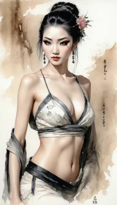 ((Rough charcoal sketch on white paper)), sumi-e, traditional chinese ink art, charcoal sketch, watercolour, (in the style of Luis Royo:.3), (Victoria Frances:.3), (Keith Parkinson:.4), a beautiful korean goddess, kitsune, wuxia, slender body, toned body, perfect face, slim athletic body, (perky small breasts:.75), (cold attitude, eyeshadow, eyeliner:1.6), cheongsam, hanfu, gorgeous, magical