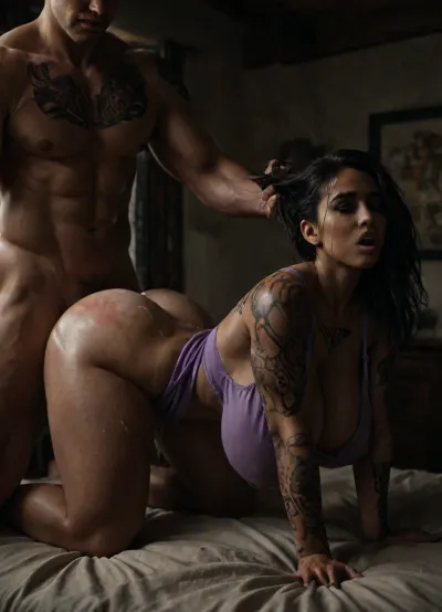((Voluptuous Juicy thicc brown skinned girl in yakuza tattoos wearing loose purple nightie:1.6)), 20 years old Farmer girl, (((Thicc booty))), ((toned muscular thighs)), tight pussy, wearing old torn summer dress, kneeling bent over a pink bed, in an enclosed female bedroom, vaginal fuck by a huge muscular farmer, he has huge veiny penis, fucking the girl in doggystyle, soft shadow lighting, hardcore vaginal sex, rough spank sex, hair pull, arched back, cum splashes, ((purple thongs and bra on bed, tits nipples hanging out naked, big huge butt cheeks penetrated, thicc huge spanked butt)), natural saggy huge breasts, bent hardcore doggystyle on bed, epic realism, closed eyes, open mouth, (((cum trails, cum on ass, cum bukakke, cum fest))), flat, chest, big, breasts, huge, gigantic, small, hips, thighs, wide, thick, plump, belly, muscular, female, arms, extra, abs, <lora:LCMTurboMix_Euler_A_fix:.8>, <lora:SDXLHighDetail_v6-000005:.8>, <lora:dark:.8>, <lora:Venus_Body_Alpha:.8>