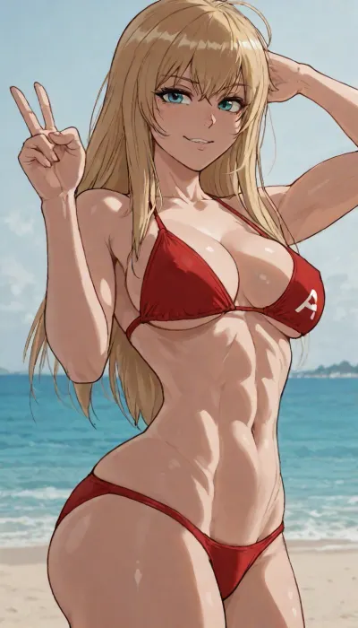 Score_9, score_8_up, score_7_up, ((40hara art style:1), (Yoracrab art style:1.8)), solo, masterpiece, (1woman), At beach, sea at background, ((front view:1)), Smirking american blonde, (peace with one hand, barely showing ass:1), straight long hair, mid parted hair, bright day, red bikini lineart, line, art, flat, colors, color, <lora:outline_xl_kohaku_delta_spv5x:1.2>, <lora:EnvyBeautyXL02:.4>, <lora:lineartSDXL:.9>