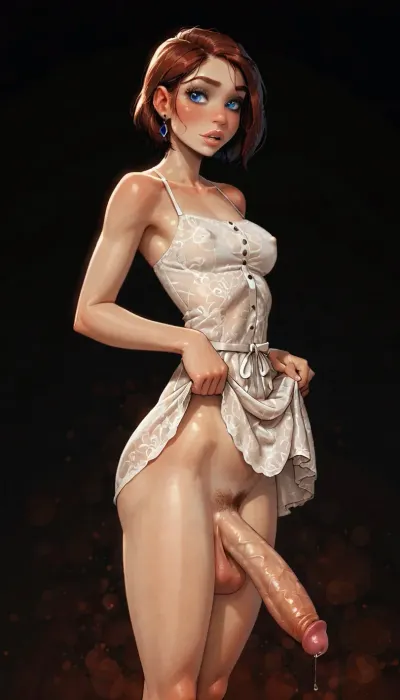 (reiq meets innv and Jack cayless art style), (Incase style:1.2), beautiful futanari, reddish brown hair, short bobbed hair, ((wide hips)), (athletic body:1.4), (skinny legs:1.3), symmetrical blue eyes, snub nose, plumb lips, parted lips, half-closed eyes, large perfect natural teardrop breasts, (erect nipples:.9), beautiful curves of the body, realistic detailed, deep insertion, intim light, (simple dark background:1.8), skin texture, 1girls, (((solo))), ((short white sundress:1.3)), lifting dress to show her cock, ((massive flaccid cock)), precum, saggy testicles, pubic hair, (cleavage:.7), (side view), (front view), futuristic-fantasy-anime, incase, style, futacock, <lora:sd_xl_turbo_lora_v1-64dim:2>, <lora:futureistic_fantasy_anime_sdxl_v1:2>, <lora:Incase_Style__SDXL:2>, <lora:FutaCockXL:.8>