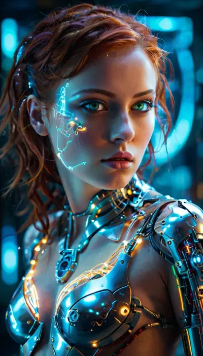 (Full body shot:1.3), hyper-realistic **sexy** cyborg woman, large breasts, Red hair, bright green eyes, masterpiece, 8k resolution, (pose and attitude emphasizing allure and confidence:1.2), Cyber-Noir aesthetic, dramatic chiaroscuro lighting, (fusion of **voluptuous** organic skin and polished cold chrome:1.4), intricate internal mechanical components, (glowing cyan fiber-optic veins pulsing under translucent skin:1.3), half-cybernetic face, synthetic ocular prosthesis with a captivating gaze, (exposed intricate circuitry on **curvaceous** torso:1.2), (photorealistic skin texture, visible pores:1.1), high-contrast lighting highlighting contours, volumetric fog, deep shadows, teal and magenta rim light, 85mm prime lens, f/1.8, sharp focus on eyes, futuristic gritty mood, cinematic grain, Post, apocalyptic, Android, Robot, Futuristic, image, Cyberpunk, city, Utopia, Cyborg, glowneon, glowing, sparks, lightning, <lora:holoportraitv1:.3>, <lora:Our_future_XL:1>, <lora:glowneon_xl_v1:.9>
