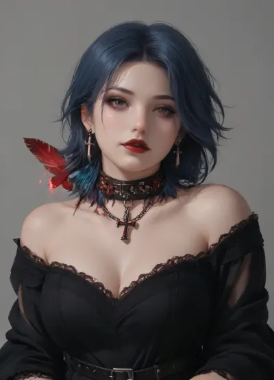 1girl, chubby, goth girlfriend, elegant black dress, off-shoulder, (((raven feather collar))), lace, belts, iron chains and crosses, earrings, blood magic jewelry, blue hair, seductive eyes, dark red lips, soft and tender, grey background, ((rpg portrait))