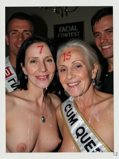 polaroid bad quality photo, camera flash, slightly dark background, wide view, far view, (grandma), realistic two old french women 75yo side by side with age face wrinkles looking to cam, Two couples compete to see who is the cum queen, each husband behind her wife, constest different number wrote on the woman's forehead with red lipstick, There is a sign in the background with the text "FACIAL CONTEST", one of both has a sash across the chest with text wrote "CUM QUEEN", only one cum queen, the winner is the cum queen, (age face wrinkles:1.2), man smiles to cam too, short straight black hair, brown eyes, little natural tits, jewelry, pendant with jewel, ear rings, ruined makeup, after a bukkake party, their faces are completely covered in cum, an excessive amount of cum is on their faces, hair and in their mouths, cum is dripping down on their chests, her hair is messy, she is looking happy, she is smiling, her face is completely destroyed, in a domestic living room room