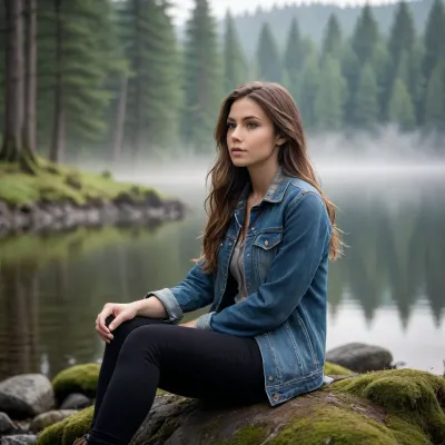 (Caucasian young woman:1.2), long flowing brown hair, (contemplative expression:1.2), wearing a casual denim jacket over a plaid shirt and dark leggings, sitting in a relaxed pose on a mossy, jagged rock outcropping at the edge of a serene lake, (mist on the lake), profile view facing right towards the water, centered composition, diffuse foggy light, creating a isolated mysterious atmosphere, lush green forest background blurred with bokeh effect, muted natural colors, (photorealistic:1.3), cinematic lighting, shot with a shallow depth of field, 8k resolution, serene mood, tranquil landscape, highly detailed skin texture, detailed eyes, professional nature photography style.