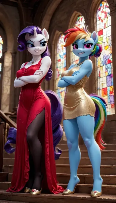 (Rainbow Dash, Rarity), 2girls, mlp, (((pony))), evening hairstyle, angry face, smile, showing teeth, makeup, perfect tail, rosy cheeks, hooves horse, hooves on the feet, furry, anthro, Anfisa, big breast, erect nipples under clothing, neckline, red cute lace dress, dark tights, necklace, gold horseshoes, standing on the stairs, crossed arms, castel, stained-glass window, sun light, view from below, side view, <lora:Pony_MLP_v1.8SDXL:.8>, <lora:Anfisa_Fox_Riot-XL:1.9>, <lora:princess_xl_v2:.8>, <lora:LCMTurboMix_Euler_A_fix:.8>