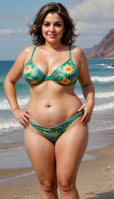 full-length drawing, masterpiece, chubby mature woman with dark brown hair, 50 years old, (chubby mature woman:1.4), European, beach towel, beach, brown eyes, Cute face, Wide jaw, wide cheekbones, seductive grin, dimples, Happy face, wide waist, wide hips, belly folds and fulges, huge drooping tits, (big saggy tits:1.5), gorgeous round ass, Golden dust, Summer, Warm light, short bob disheveled hair, green floral bikini, tanned skin, sweaty skin, noticeable tan lines, depraved pose, Colorsplash, concept, art, by, syd, mead, retro, futuristic, flat, colors, <lora:SDXLPaintSplash:1.4>, <lora:concept_art_syd_mead:.8>