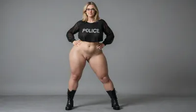 Milf, Large Cameltoe, Long legs, Front view, full body, long har, blonde hair, huge thighs, thick thighs, hyper thighs, massive ass, bottom heavy, hyper hips, transparent sweatshirt, no sleeves, naked, tactical black boots, librarian glasses, large cameltoe, detailed huge green eyes, natural face, fit body, european face, long legs, dimly lit, standing, sexy, smirk, police office background, front view, visible cameltoe, large arms, pale skin, soft face, breast, open vulva, big vulva, looking at viewer, no underwear, full naked, show pussy, show ca