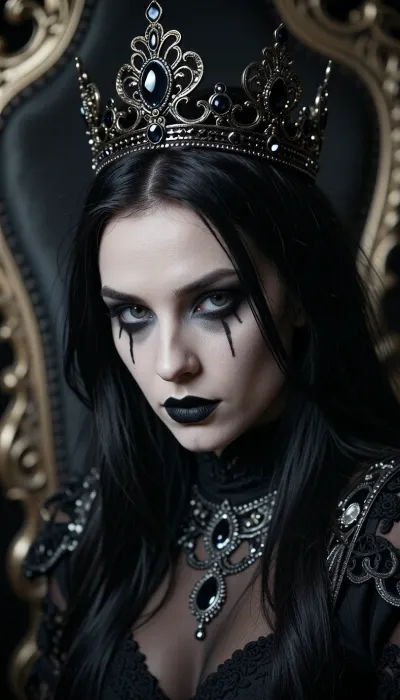 { "scene", { "type", "full body", "framing", "camera_angle", "eye level", "orientation", "vertical" }, "subject", { "gender_presentation", "androgynous", "hair", { "color", "black", "length", "long", "style", "straight" }, "expression", "serious, intense", "pose", "looking directly at the camera" }, "face", { "skin", "white face paint", "makeup", { "eyes", "black dramatic makeup extending downward like tears", "lips", "black lipstick", "gothic, theatrical" } }, "clothing", { "visible", "dark sexy clothing" }, "accessories", { "crown", "ornate royal crown", "color", "dark metallic", "details", "decorated with black gemstones and intricate metalwork" } }, "environment", { "location", "interior", "background", "blurred throne-like chair", "lighting", "low-key cinematic lighting", "depth_of_field", "shallow" }, "color_palette", ["black", "white", "dark gray", "silver"], { "genre", "dark fantasy", "mood", ["mysterious", "ominous", "regal", "gothic"], "visual_style", "cinematic" }
}