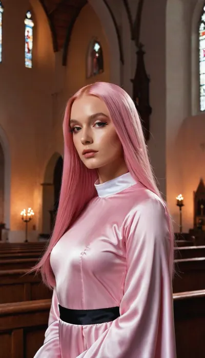 ((Angel woman in the charch)), 20 years old, perfect lighting, perfect skin, surreal, 8k resolution, super detailed, Instagram model, professional photography, egirl make-up, Sleek Straight long pink hair, pink satin, sexy hot exposed the nun's robe, Nordic, lifelike face, slim, slim body, athletic body, <lora:FF-Latex.ID-XL-011.bf16:.8>