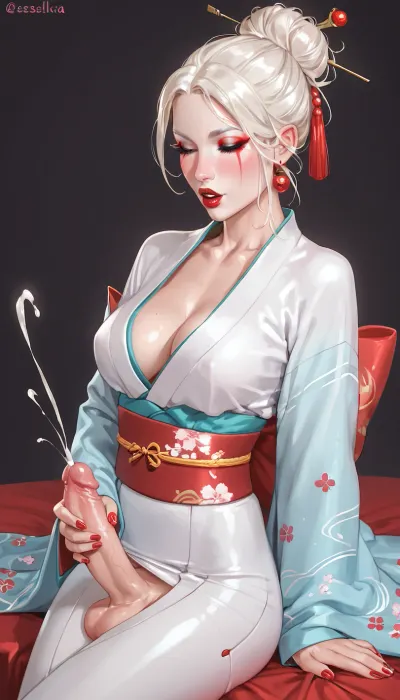 Beautifull futanari geisha cumming by masturbation, kimono, white makeup, red lipstick, hair in a tight bun, fflix-geisha, Android, geisha, <lora:Fflix-Geisha:.8>, <lora:Android geisha:.8>, <lora:cartoon_stickers_xl_v1:.9>, <lora:hentai_anime_style_xl_v1:.9>