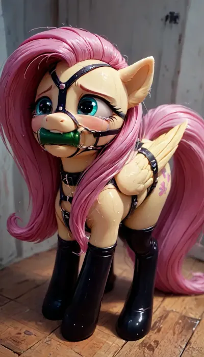 (Fluttershy), mlp, (((pony))), disheveled hair, tears, makeup, wet body, orgasm, perfect tail, rosy cheeks, Anfisa, harness, latex stockings, bit gag, standing, bent over, side view, high angle view, close view, <lora:Pony_MLP_v1.8SDXL:.8>, <lora:Anfisa_Fox_Riot-XL:1.9>, <lora:princess_xl_v2:.8>, <lora:LCMTurboMix_Euler_A_fix:.8>