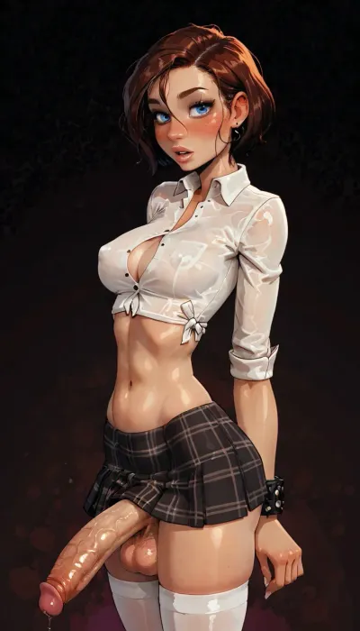(reiq meets innv and Jack cayless art style), (Incase style:1.2), beautiful futanari, reddish brown hair, short bobbed hair, ((wide hips)), (athletic body:1.4), (skinny legs:1.1), symmetrical blue eyes, snub nose, plumb lips, parted lips, teeth visible, half-closed eyes, large perfect natural teardrop breasts, (erect nipples:.9), beautiful curves of the body, realistic detailed, deep insertion, intim light, (simple dark background:1.8), skin texture, 1girls, (((solo))), ((plaid skirt:1.3)), ((massive flaccid cock showing from under skirt:1.2)), precum, saggy testicles, pubic hair, (plain white thigh socks:1.4), ((tight white cropped button down shirt:1.4)), (underboob:.7), (side view), (front view), futuristic-fantasy-anime, incase, style, futacock, <lora:sd_xl_turbo_lora_v1-64dim:2>, <lora:futureistic_fantasy_anime_sdxl_v1:2>, <lora:Incase_Style__SDXL:2>, <lora:FutaCockXL:.8>