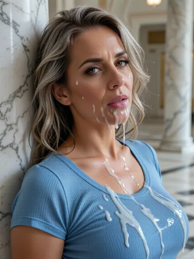 masterpiece best quality, high-key lighting, [Anchor], 38yo adult female TULSA41802, ash blonde wavy hair, deep-set almond eyes, olive skin tone, leaning back against a marble pillar in a state of bliss and exhaustion, (face and torso drenched in thick viscous white cum:1.4), droplets running down her high protruding cheekbones and aquiline nose, glistening wetness on skin, heavy sweat mixing with fluids, semi-clothed in soaked sky blue ribbed jersey cotton, opulent white marble hall background, three-quarter length portrait, cinematic grade